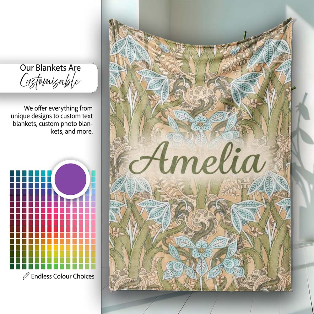 William Morris Style Blue Floral Seamless Pattern Vintage Classic Personalised Custom Name Super Soft Fleece Blanket Bed Sofa Throw