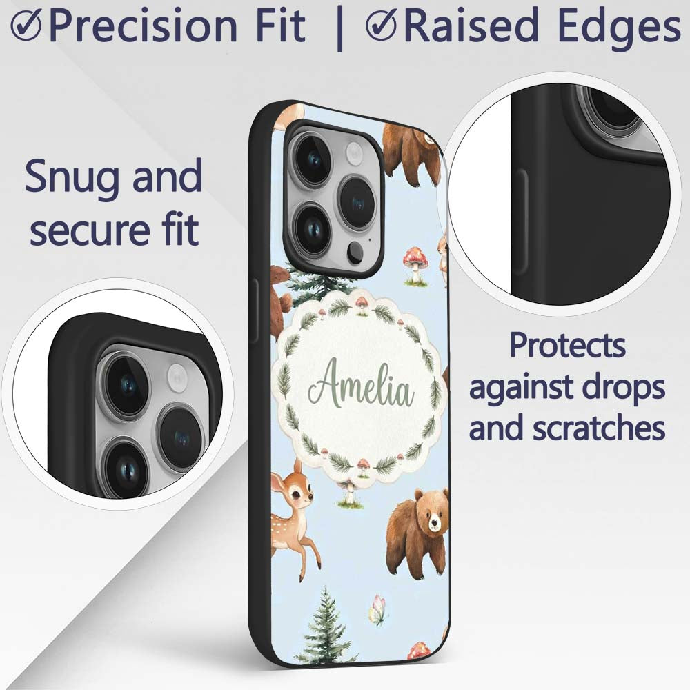 Cute Woodland Forest Animals Bear Bunny Deer on Custom Name Protective Phone Case Mobile Cover Durable Everyday Smartphone Shock Resistant