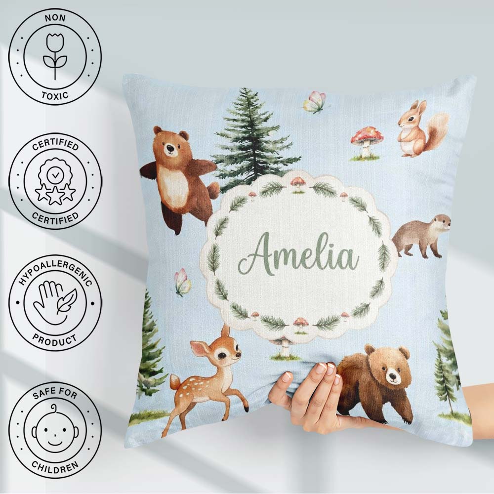 Custom Name Woodland Animals Bear Bunny Deer on Cream Background Square Filled Cushion Throw Pillow Sofa Bed Home Decor Zip Washable UK Made