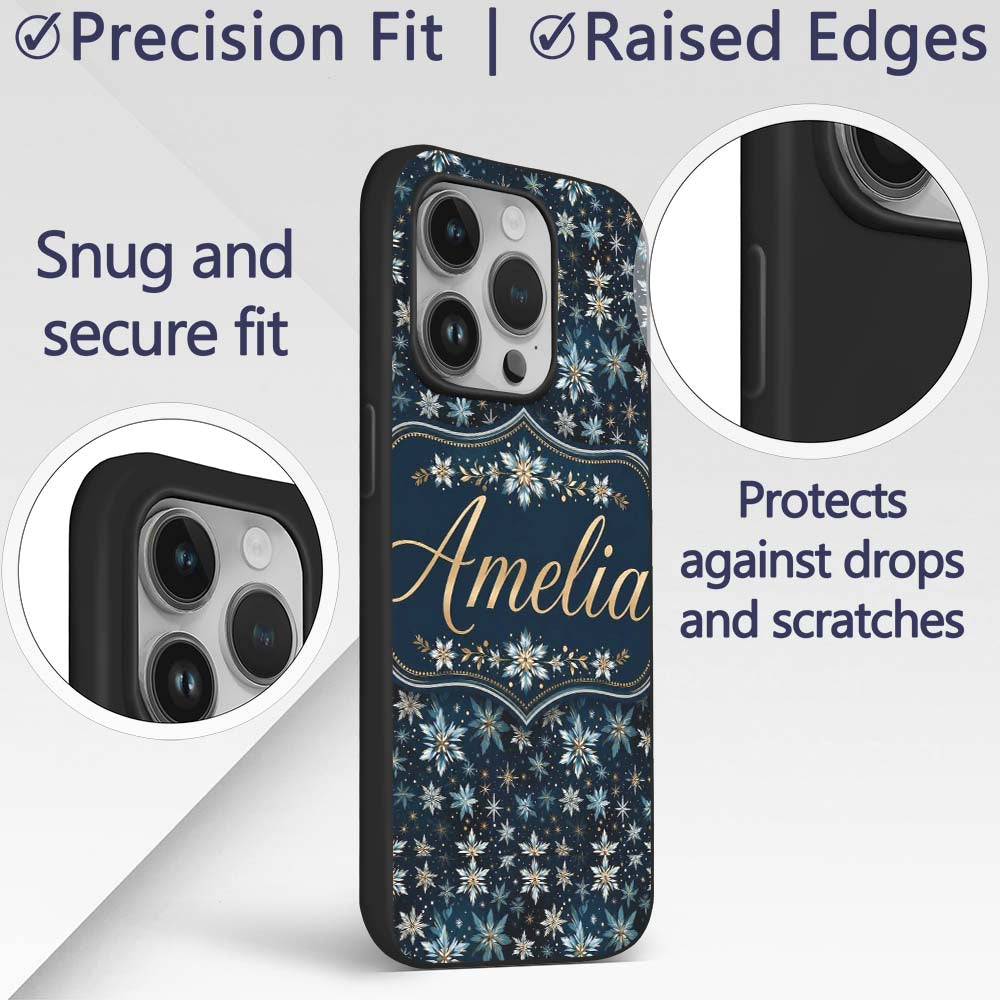 Dark Blue Floral Starburst Decorative Design Custom Name Protective Phone Case Mobile Cover Durable Everyday Smartphone Shock Resistant