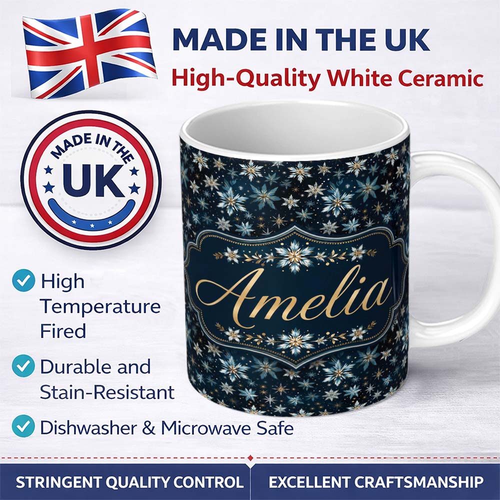 Personalized Custom Name Dark Blue Floral Starburst Seamless Pattern Elegant Night Sky 11oz Ceramic Coffee Tea Mug White Large Handle