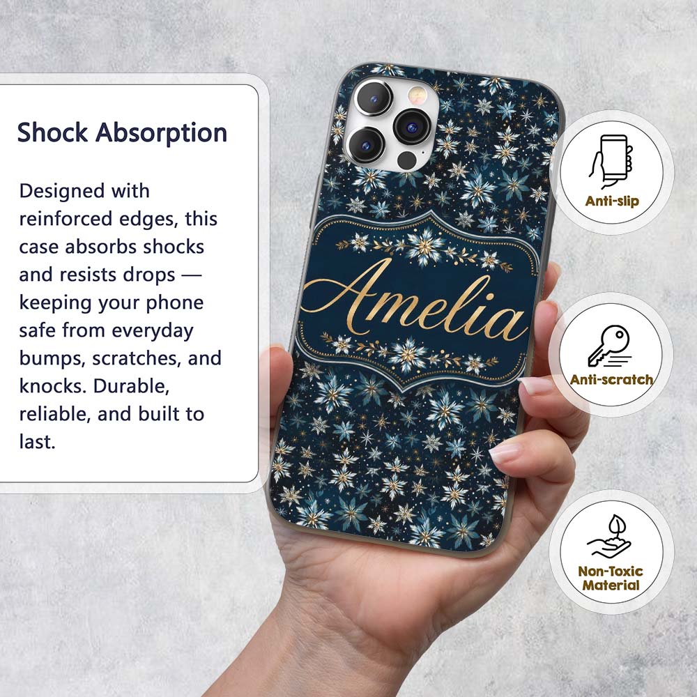 Dark Blue Floral Starburst Decorative Design Custom Name Protective Phone Case Mobile Cover Durable Everyday Smartphone Shock Resistant