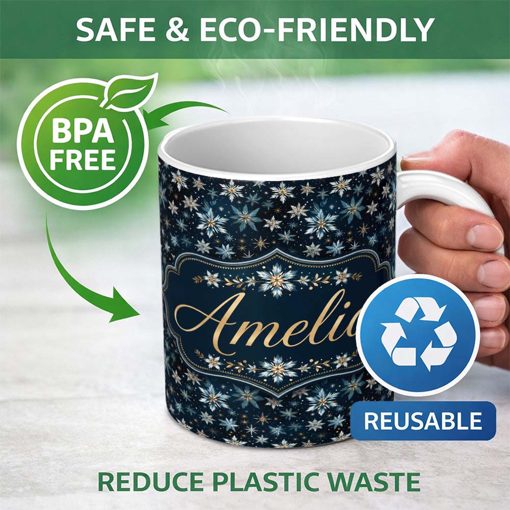 Personalized Custom Name Dark Blue Floral Starburst Seamless Pattern Elegant Night Sky 11oz Ceramic Coffee Tea Mug White Large Handle