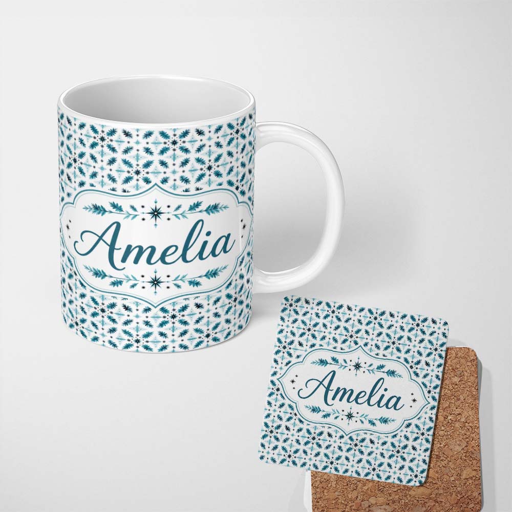 Personalized Custom Name Teal Snowflake Geometric Seamless Pattern Winter Decorative 11oz Ceramic Coffee Tea Mug White Large Handle