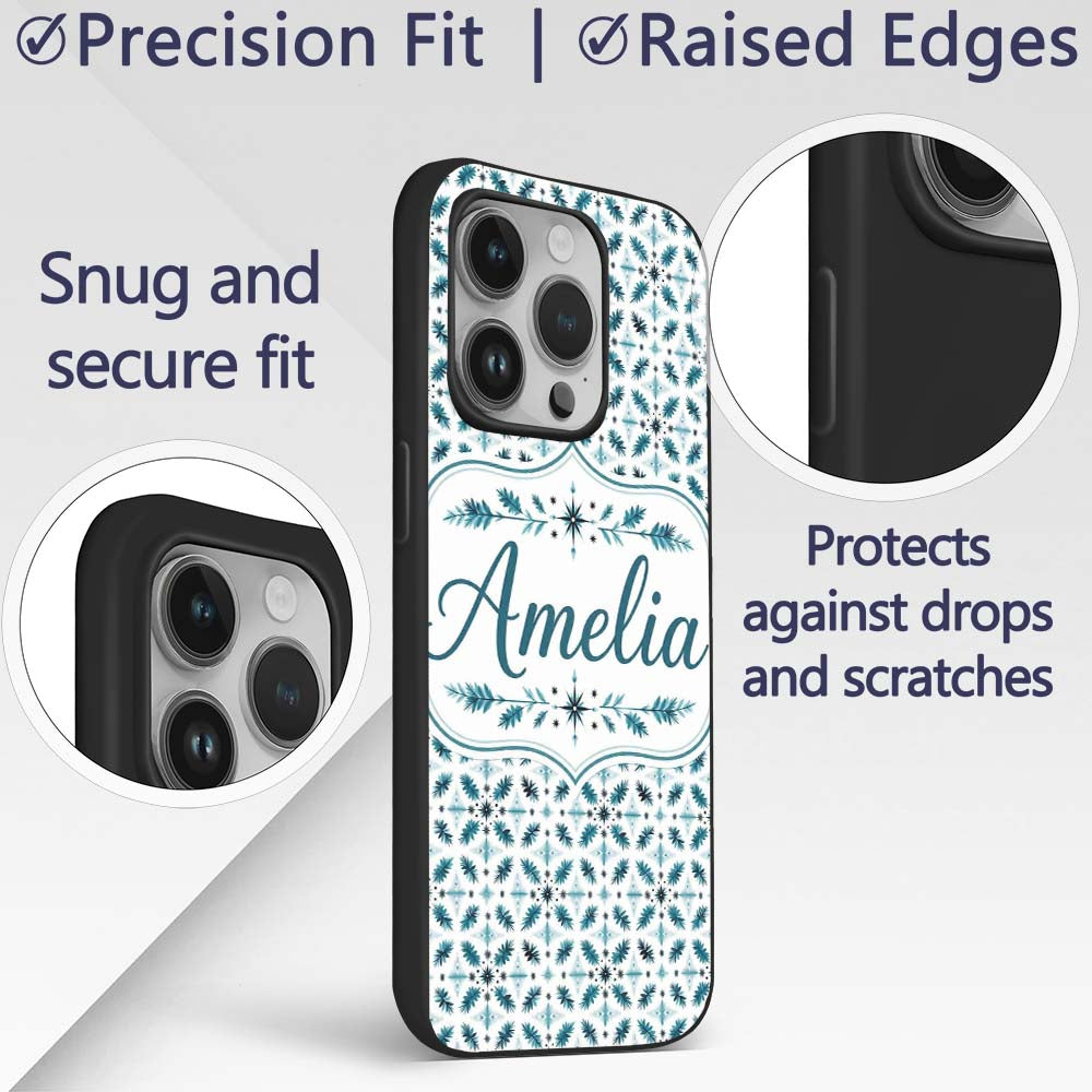 Teal Snowflake Geometric Seamless Pattern Winter Custom Name Protective Phone Case Mobile Cover Durable Everyday Smartphone Shock Resistant