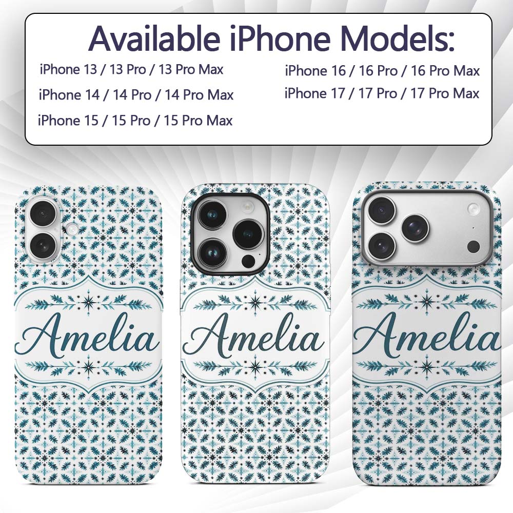 Teal Snowflake Geometric Seamless Pattern Winter Custom Name Protective Phone Case Mobile Cover Durable Everyday Smartphone Shock Resistant