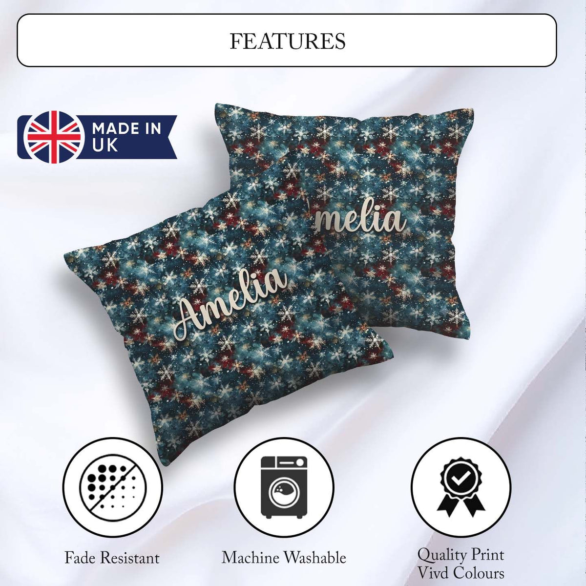 Custom Name Galaxy Snowflake Star Seamless Pattern Cosmic Winter Square Filled Cushion Throw Pillow Sofa Bed Home Decor Zip Washable UK Made