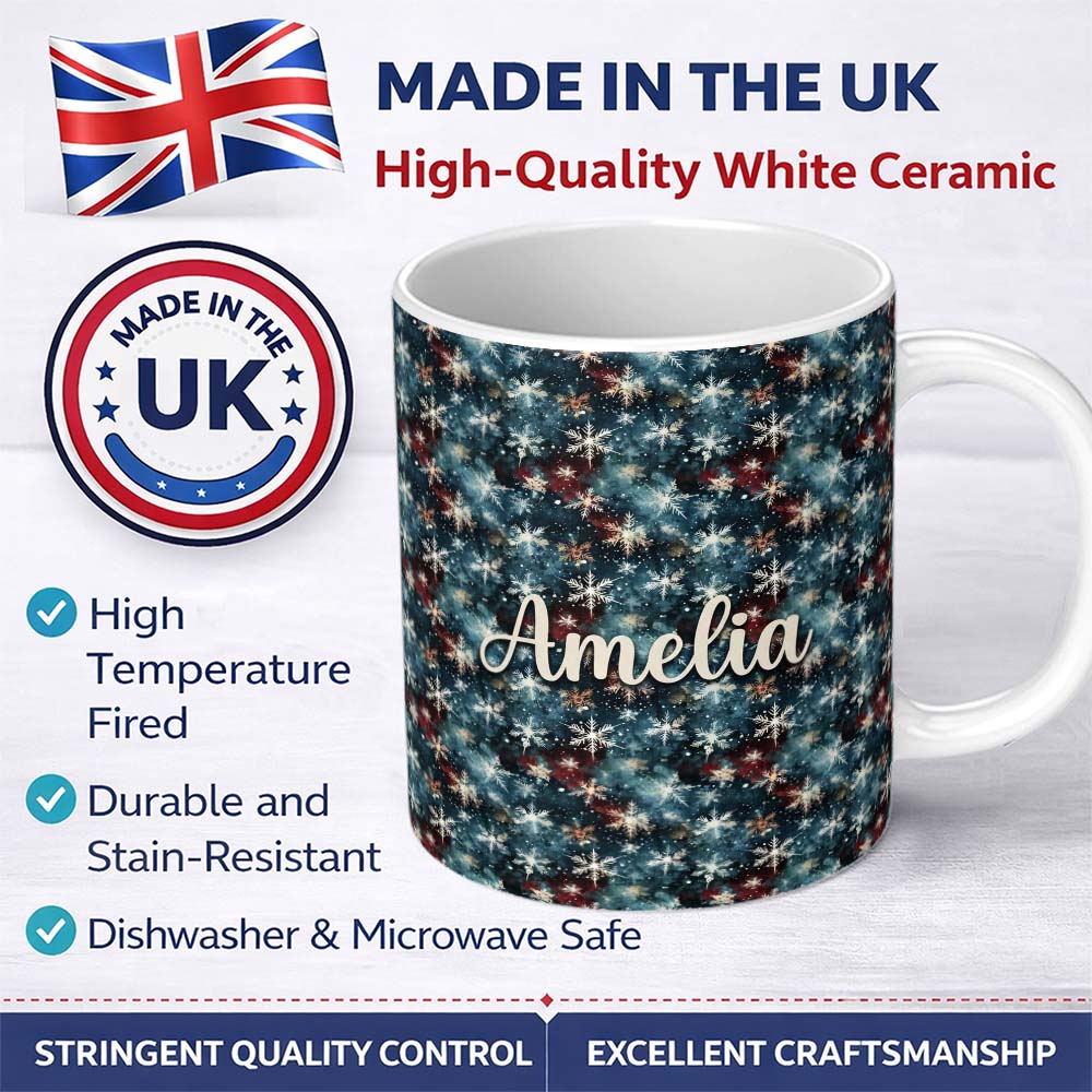 Personalized Custom Name Galaxy Snowflake Star Seamless Pattern Dark Cosmic Winter 11oz Ceramic Coffee Tea Mug White Large Handle