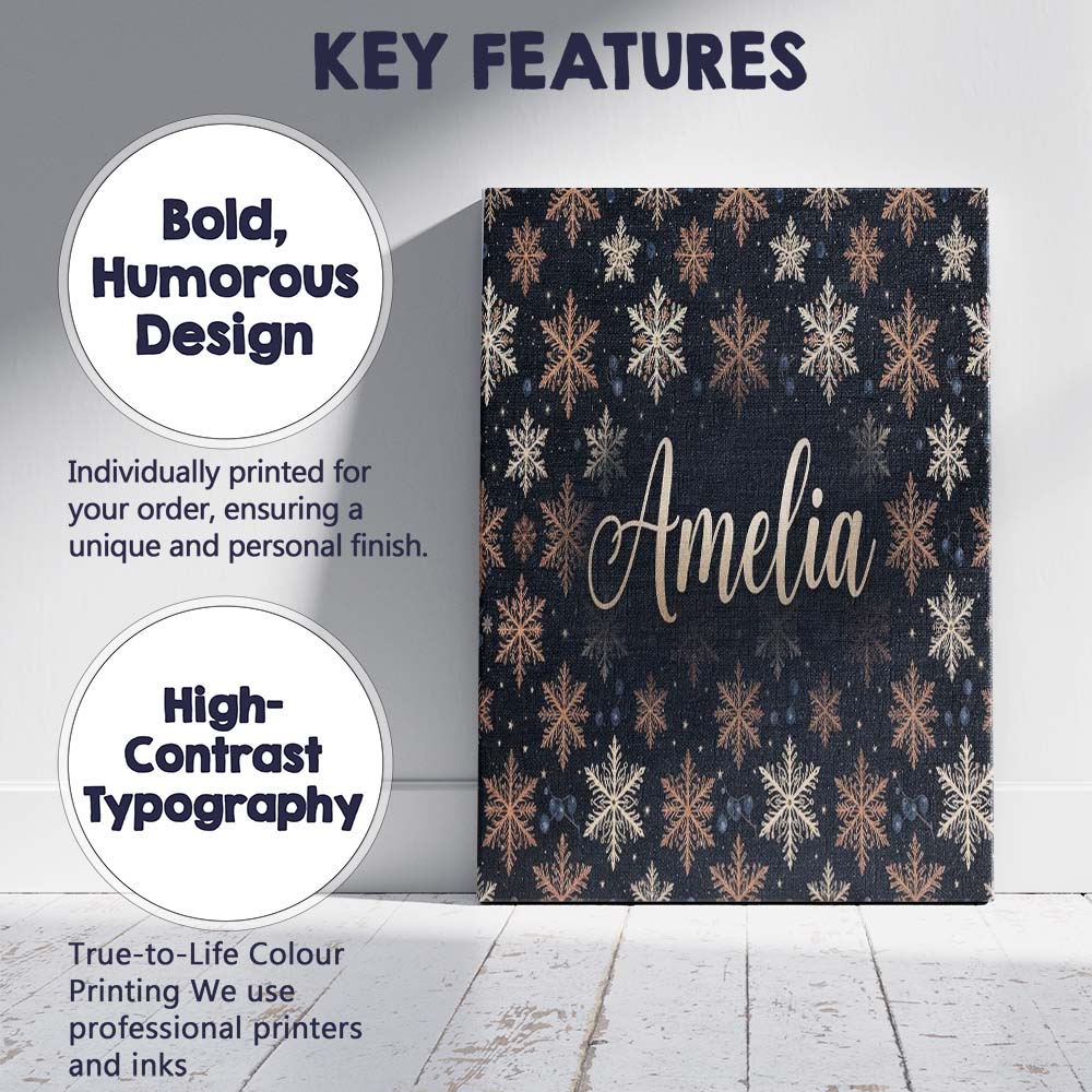 Personalised Name Elegant Gold Snowflake Custom Interior Decorative Contemporary Canvas Wall Art Print Decor Picture Ready to Hang