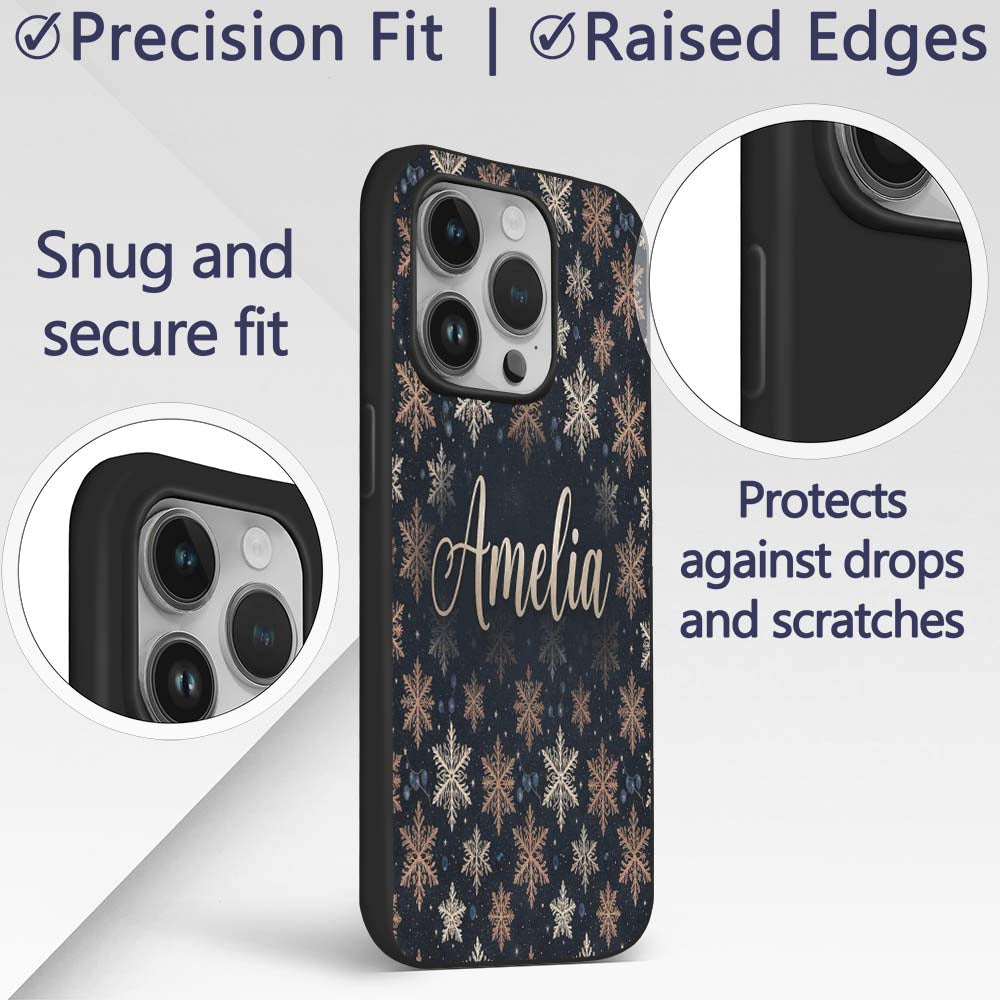 Elegant Gold Snowflake Dark Winter Printed Design Custom Name Protective Phone Case Mobile Cover Durable Everyday Smartphone Shock Resistant