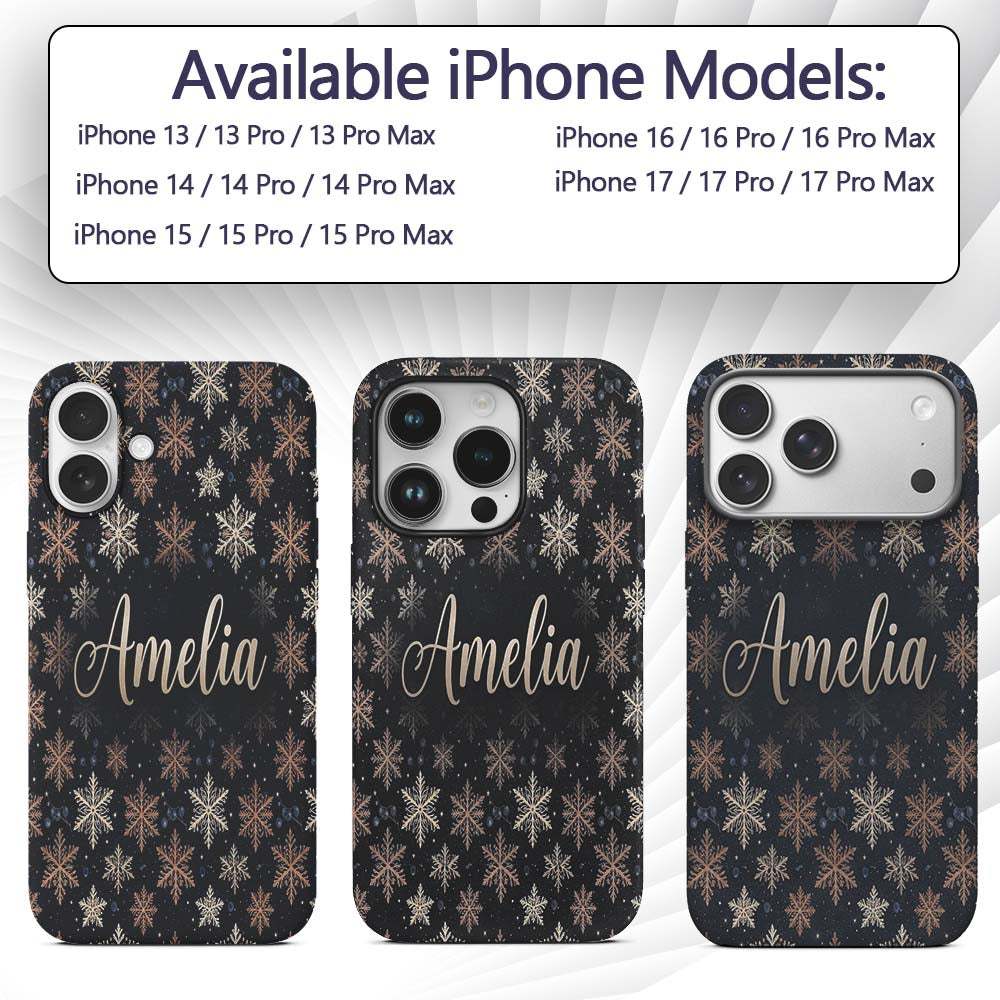 Elegant Gold Snowflake Dark Winter Printed Design Custom Name Protective Phone Case Mobile Cover Durable Everyday Smartphone Shock Resistant