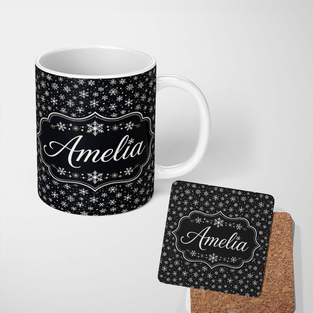 Personalized Custom Name Minimal White Snowflake Black Background Seamless Pattern Winter 11oz Ceramic Coffee Tea Mug White Large Handle