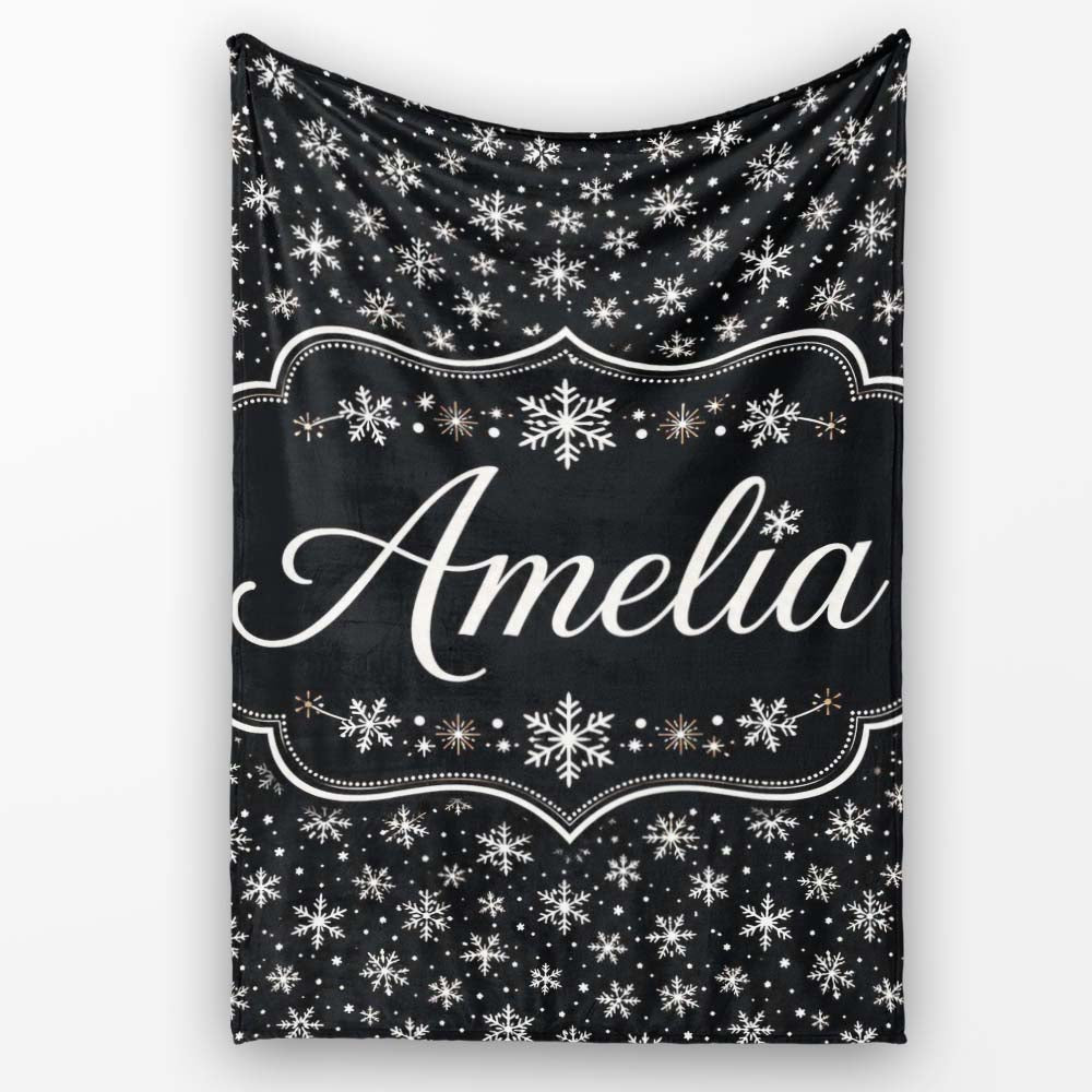 Minimal White Snowflake Black Background Seamless Pattern Winter Personalised Custom Name Super Soft Fleece Blanket Bed Sofa Throw