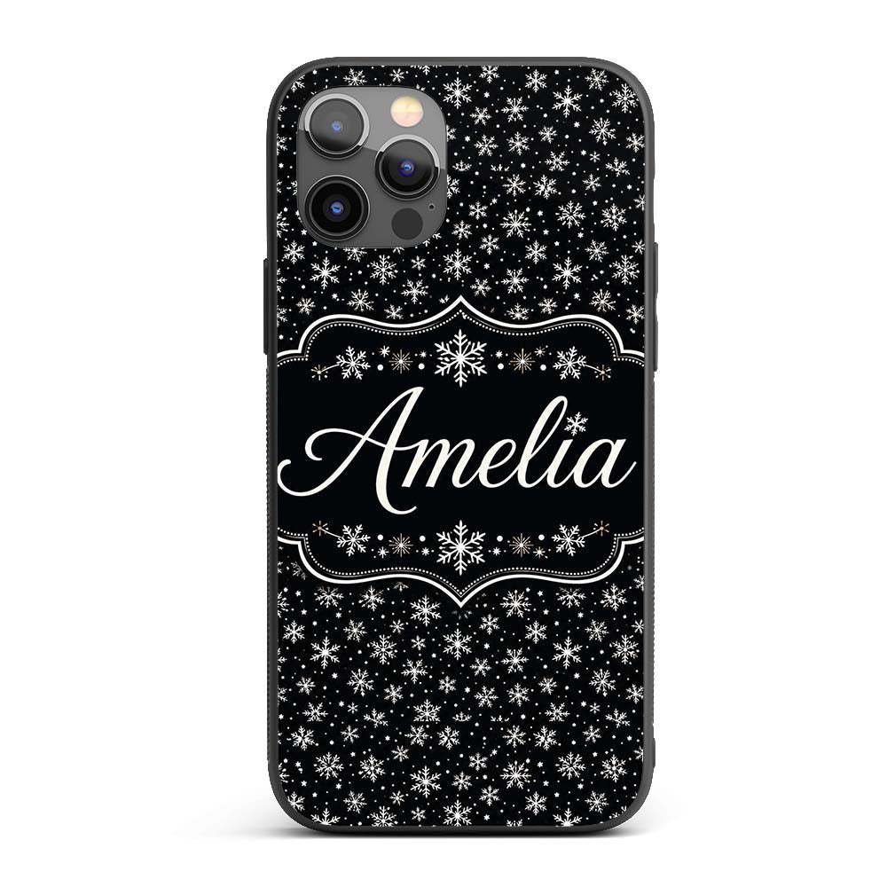 Minimal White Snowflake Black Background Seamless Custom Name Protective Phone Case Mobile Cover Durable Everyday Smartphone Shock Resistant