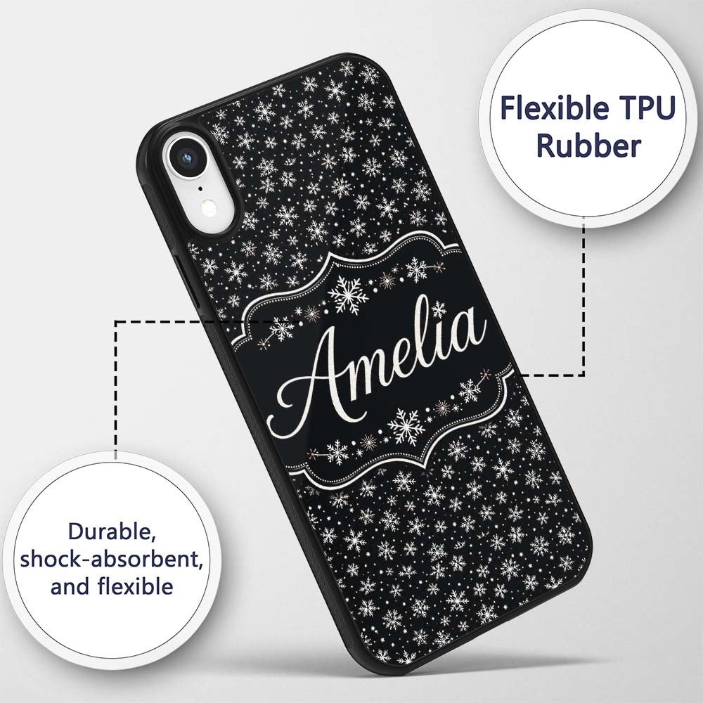 Minimal White Snowflake Black Background Seamless Custom Name Protective Phone Case Mobile Cover Durable Everyday Smartphone Shock Resistant