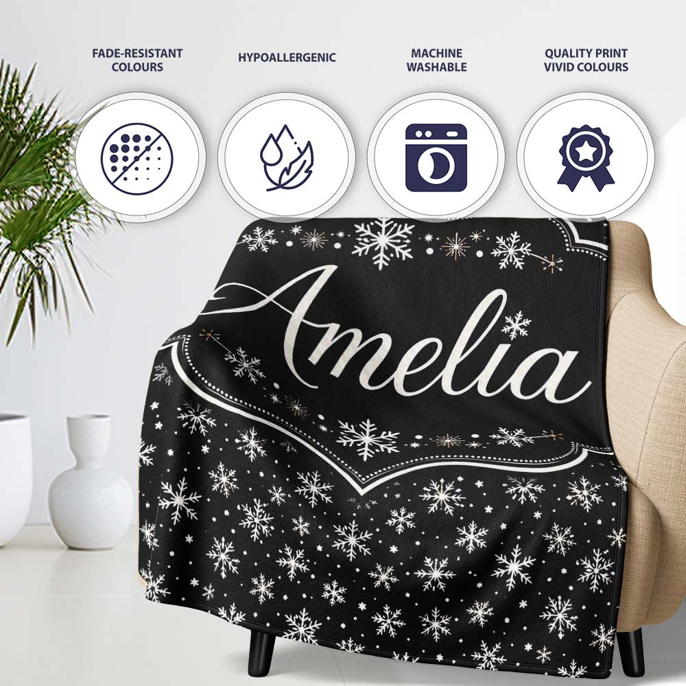 Minimal White Snowflake Black Background Seamless Pattern Winter Personalised Custom Name Super Soft Fleece Blanket Bed Sofa Throw