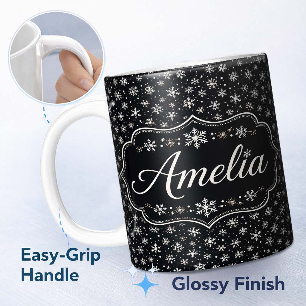 Personalized Custom Name Minimal White Snowflake Black Background Seamless Pattern Winter 11oz Ceramic Coffee Tea Mug White Large Handle