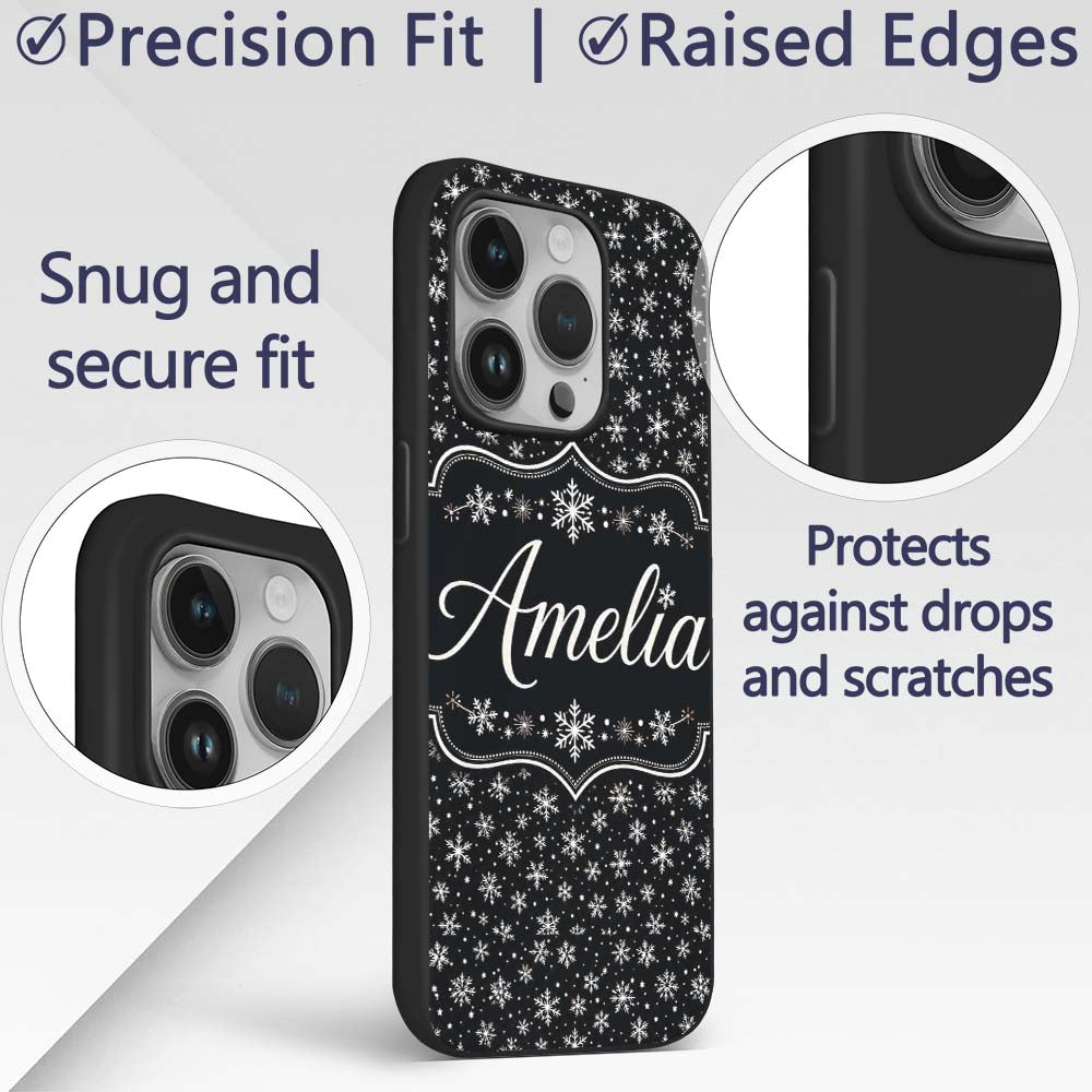 Minimal White Snowflake Black Background Seamless Custom Name Protective Phone Case Mobile Cover Durable Everyday Smartphone Shock Resistant