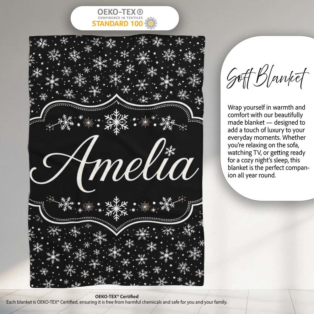 Minimal White Snowflake Black Background Seamless Pattern Winter Personalised Custom Name Super Soft Fleece Blanket Bed Sofa Throw