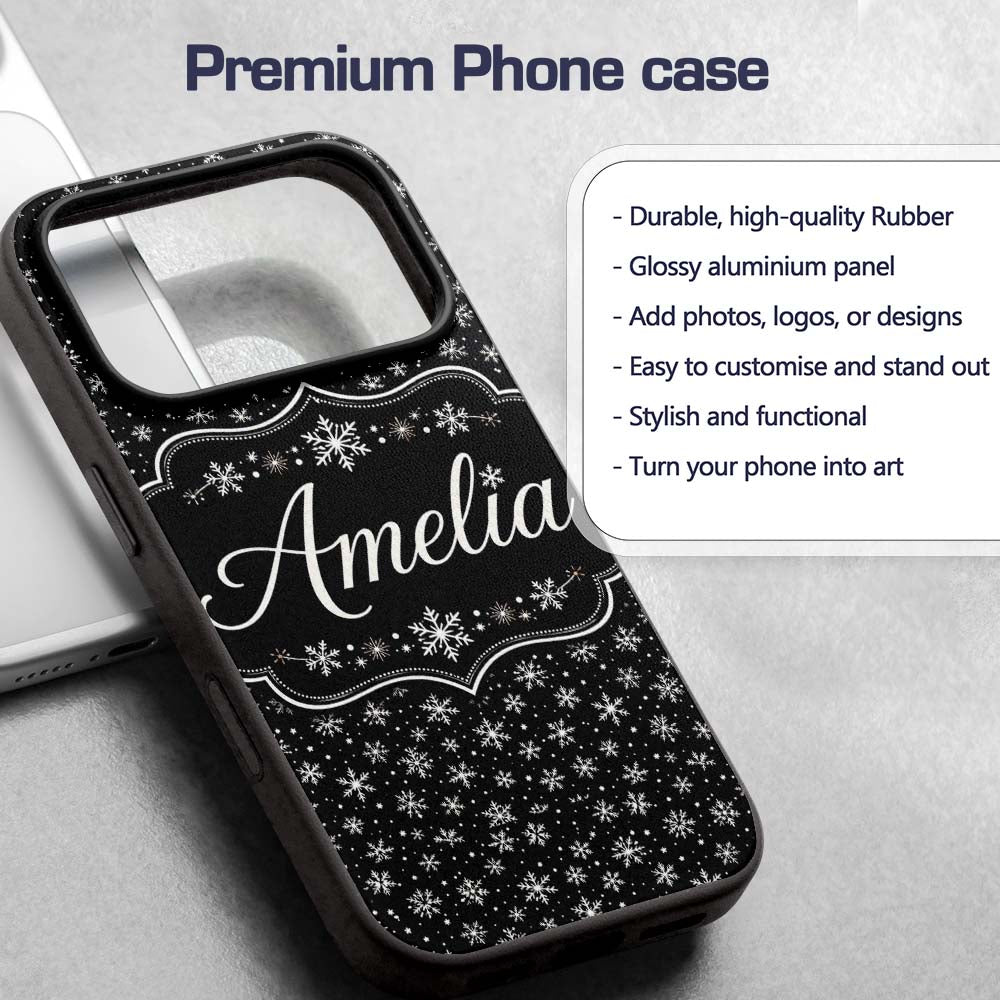 Minimal White Snowflake Black Background Seamless Custom Name Protective Phone Case Mobile Cover Durable Everyday Smartphone Shock Resistant