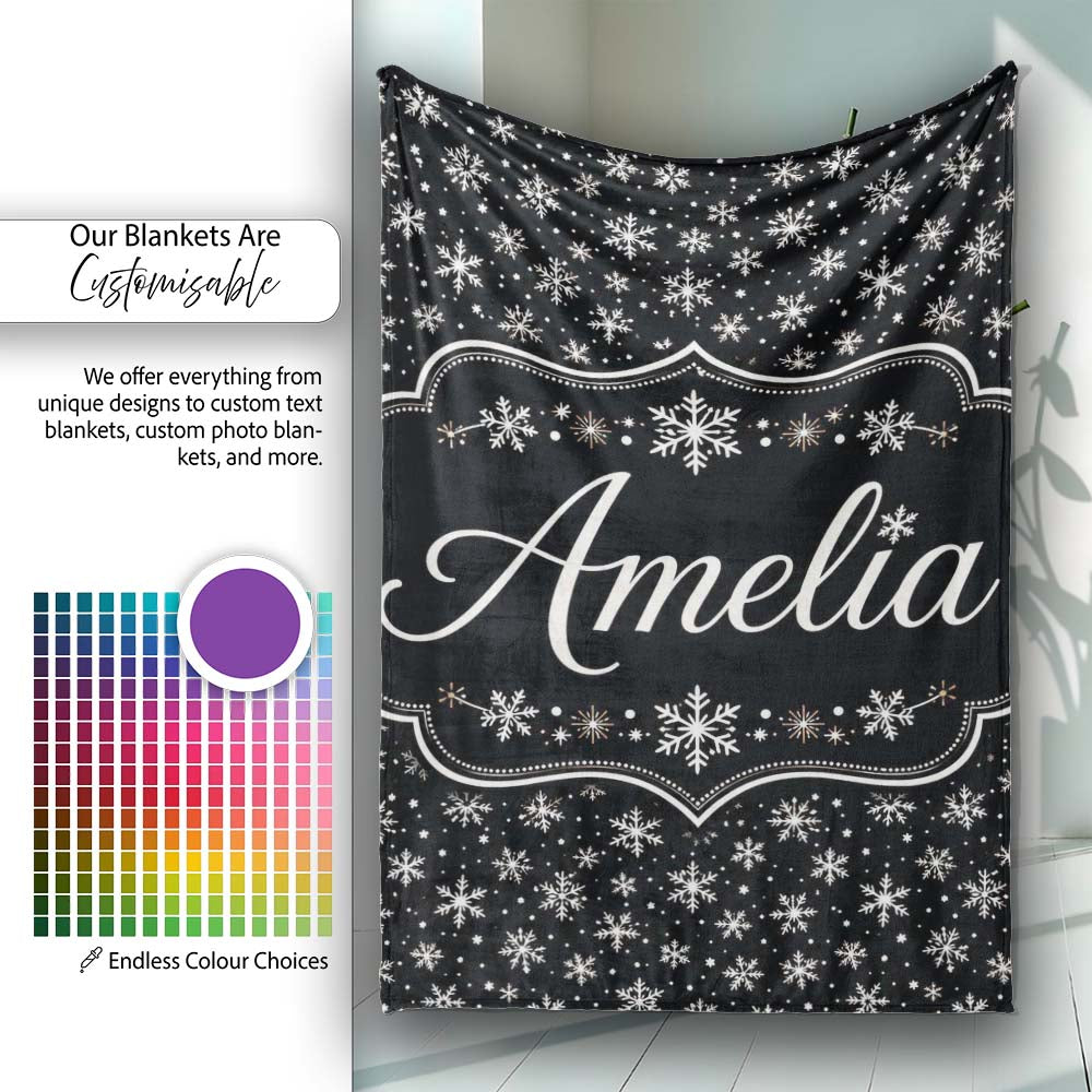 Minimal White Snowflake Black Background Seamless Pattern Winter Personalised Custom Name Super Soft Fleece Blanket Bed Sofa Throw