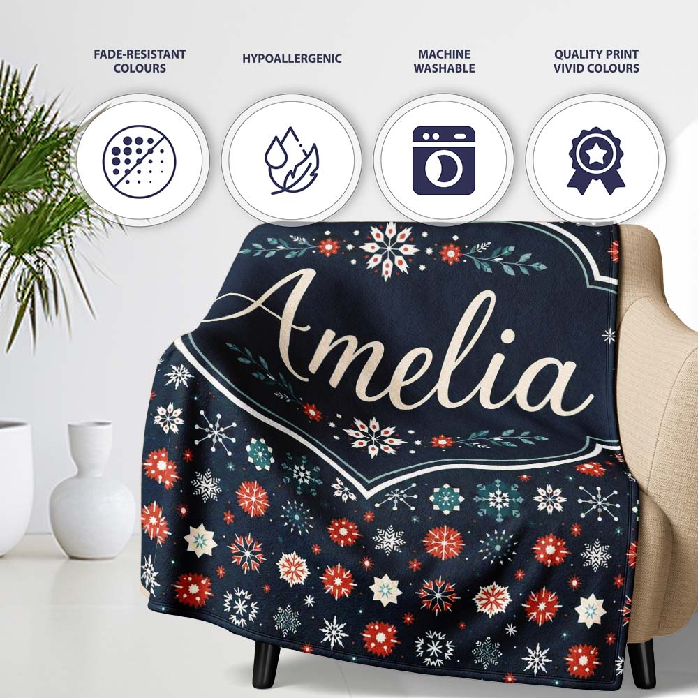 Festive Red Blue Snowflake Seamless Pattern Christmas Holiday Personalised Custom Name Super Soft Fleece Blanket Bed Sofa Throw