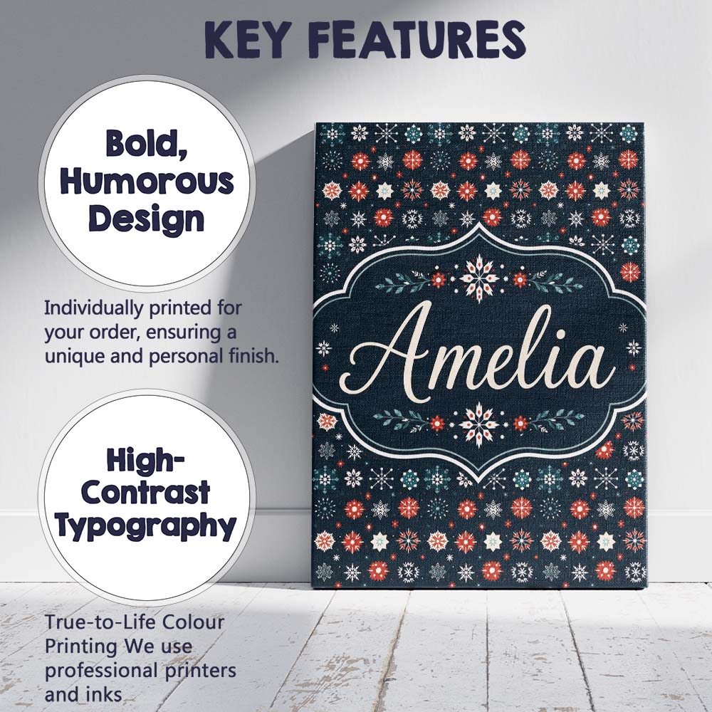 Personalised Name Festive Red Blue Snowflake Custom Bespoke Contemporary Display Canvas Wall Art Print Decor Picture Ready to Hang