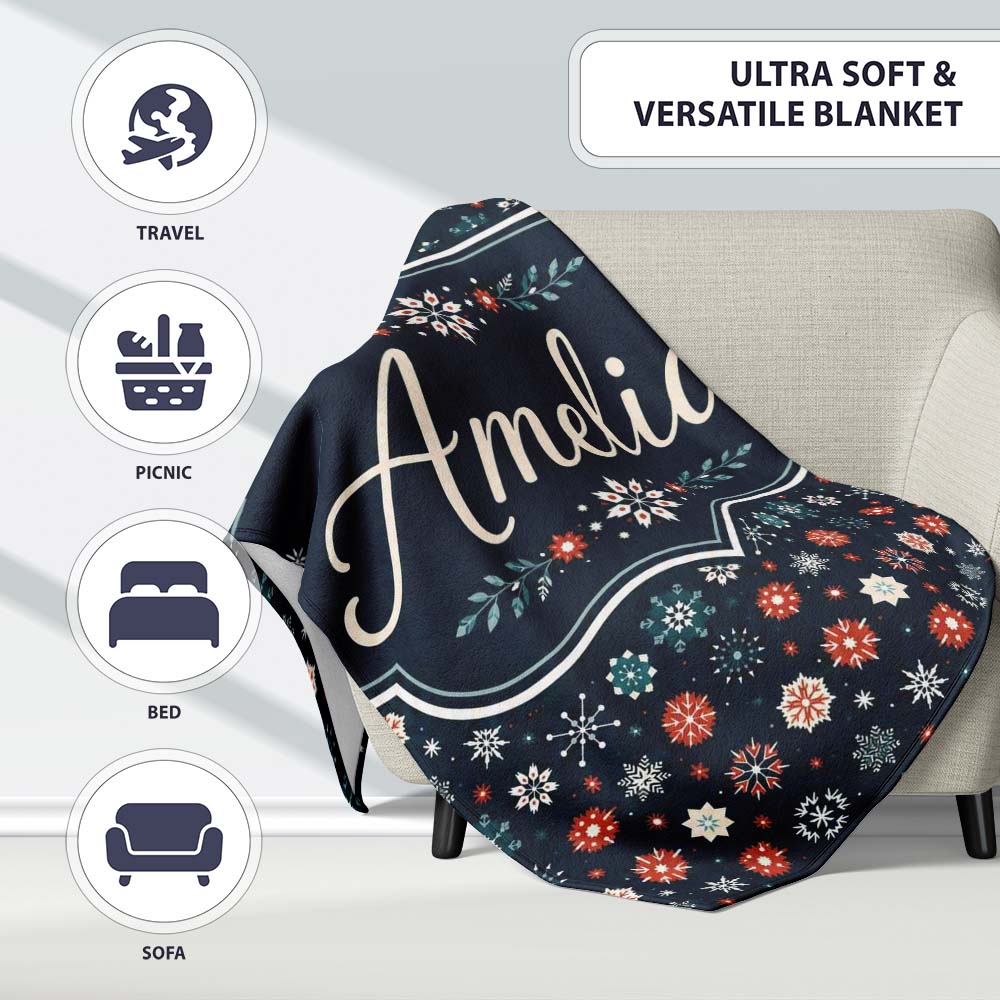 Festive Red Blue Snowflake Seamless Pattern Christmas Holiday Personalised Custom Name Super Soft Fleece Blanket Bed Sofa Throw