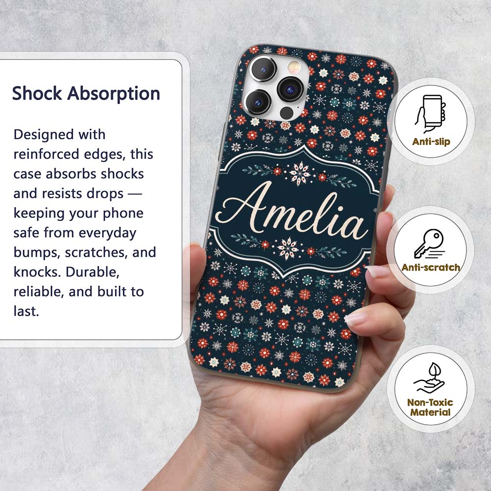 Festive Red Blue Snowflake Decorative Design Custom Name Protective Phone Case Mobile Cover Durable Everyday Smartphone Shock Resistant