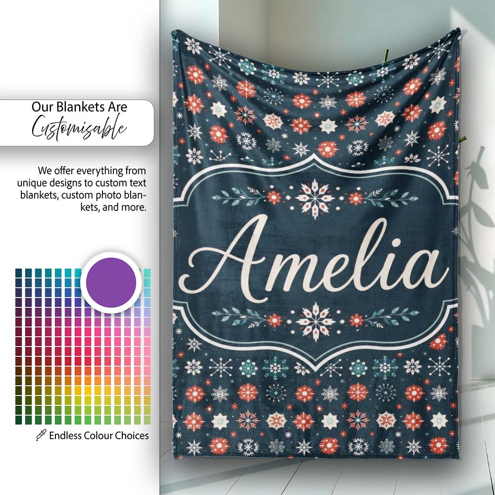 Festive Red Blue Snowflake Seamless Pattern Christmas Holiday Personalised Custom Name Super Soft Fleece Blanket Bed Sofa Throw