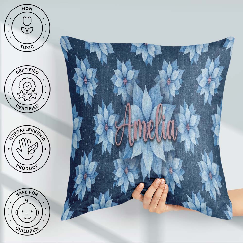 Custom Name Poinsettia Floral Seamless Pattern Elegant Christmas Square Filled Cushion Throw Pillow Sofa Bed Home Decor Zip Washable UK Made