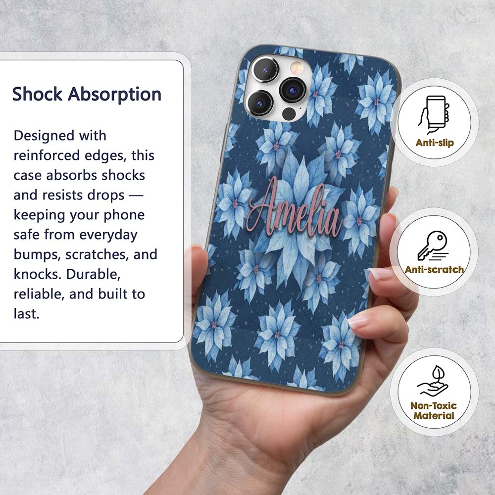 Blue Poinsettia Floral Winter Seamless Pattern Custom Name Protective Phone Case Mobile Cover Durable Everyday Smartphone Shock Resistant