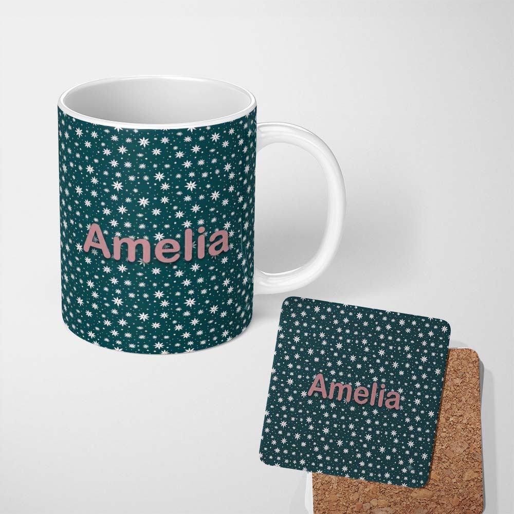 Personalized Custom Name Teal White Star Snowflake Seamless Pattern Simple Winter Background 11oz Ceramic Coffee Tea Mug White Large Handle