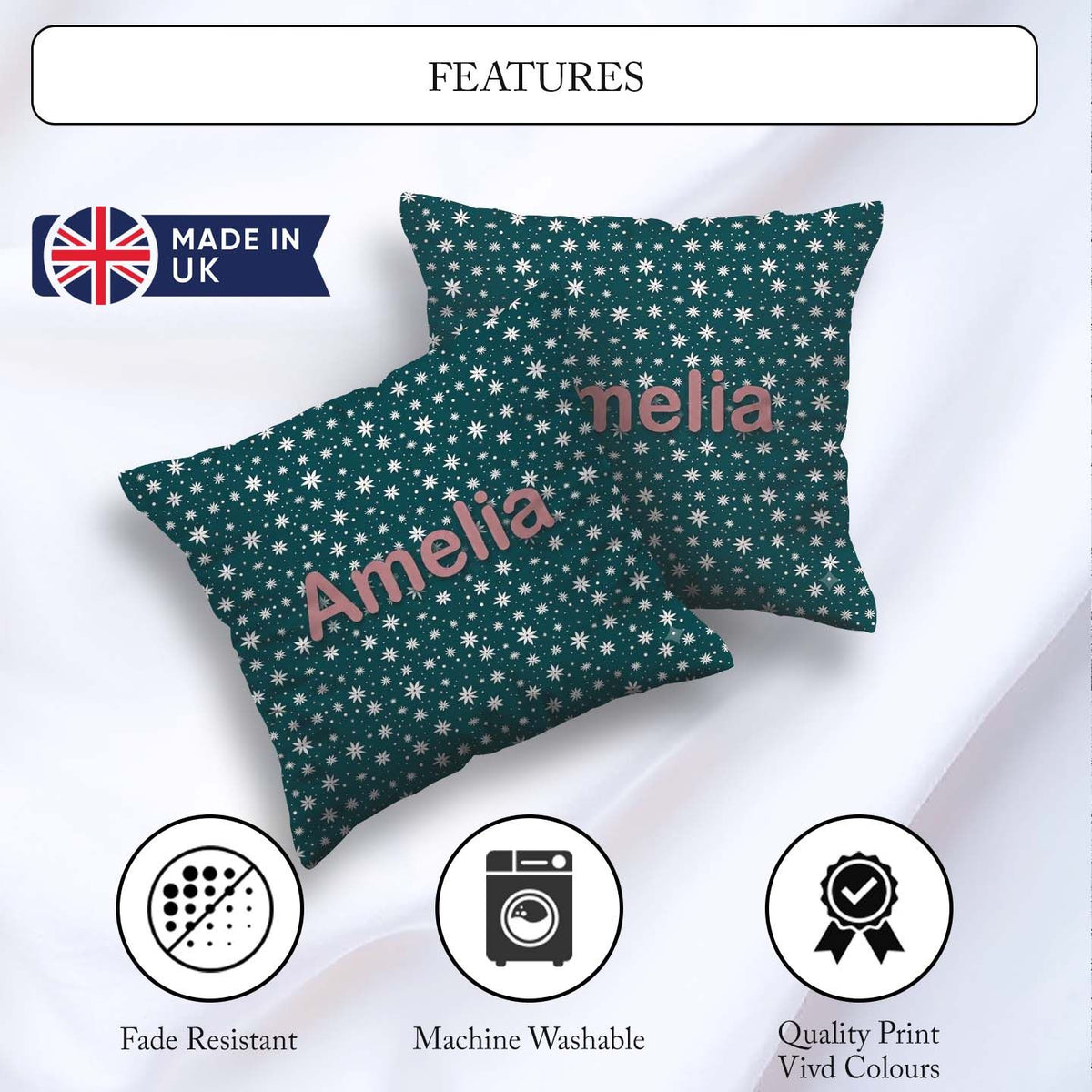 Custom Name Teal White Star Snowflake Seamless Simple Background Square Filled Cushion Throw Pillow Sofa Bed Home Decor Zip Washable UK Made