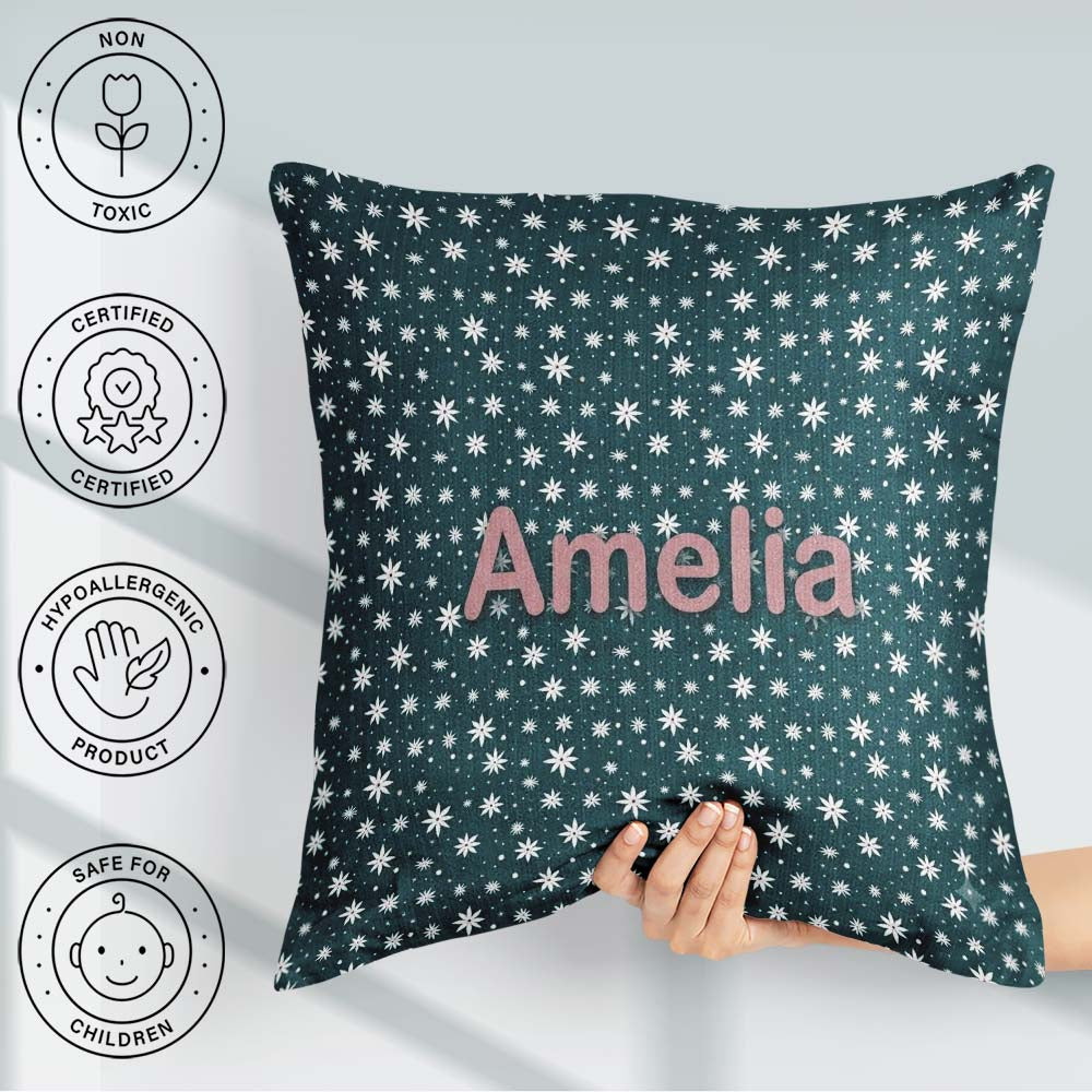 Custom Name Teal White Star Snowflake Seamless Simple Background Square Filled Cushion Throw Pillow Sofa Bed Home Decor Zip Washable UK Made