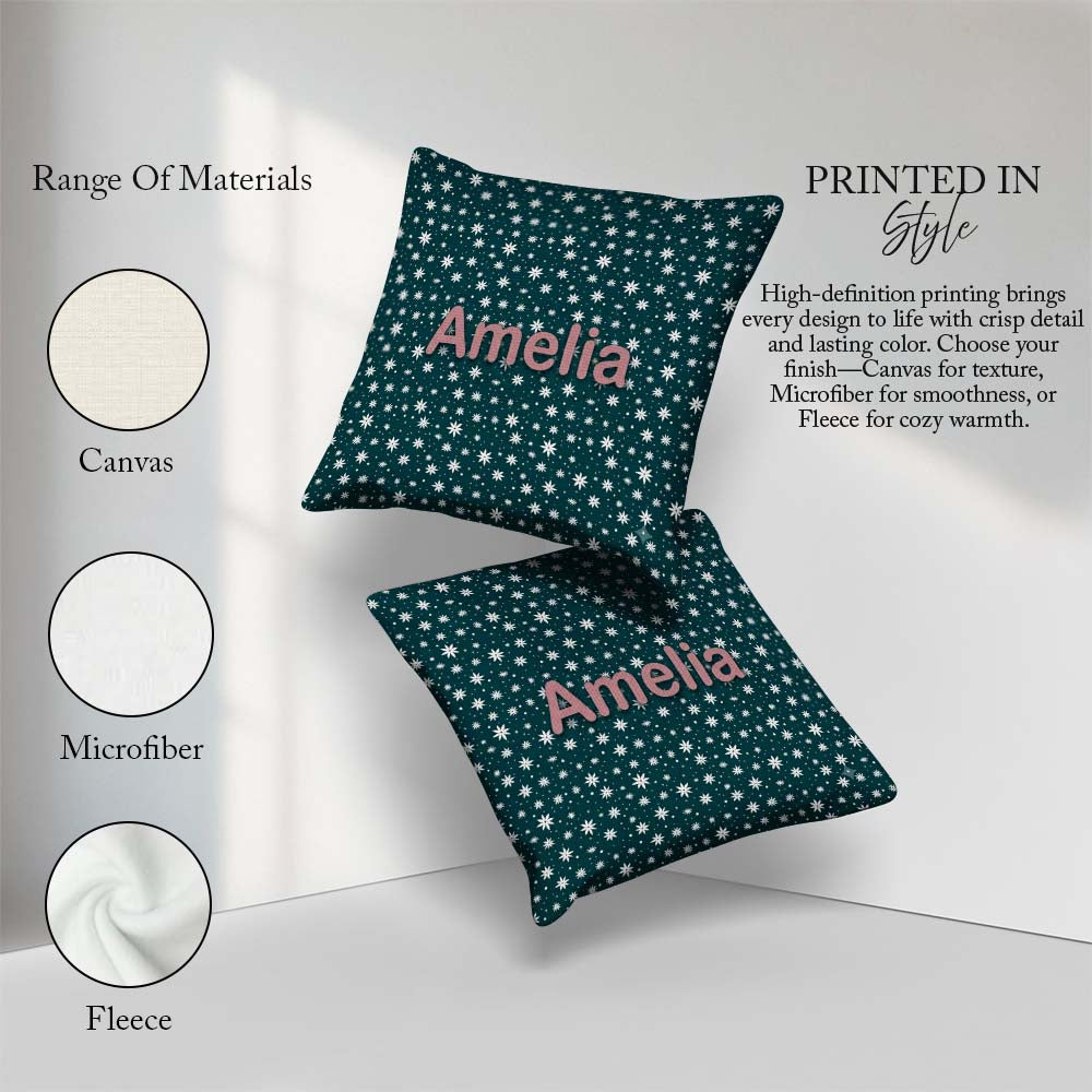 Custom Name Teal White Star Snowflake Seamless Simple Background Square Filled Cushion Throw Pillow Sofa Bed Home Decor Zip Washable UK Made