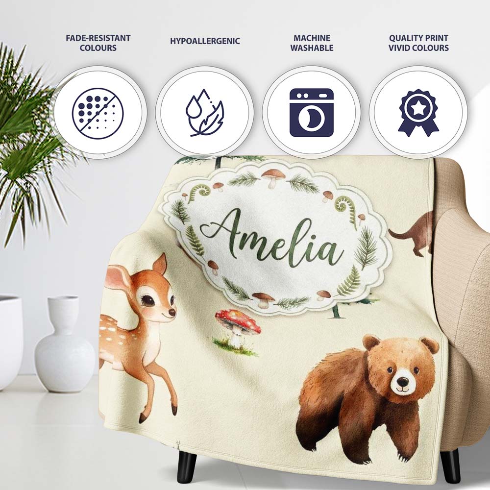 Cute Woodland Forest Animals Bear Bunny Deer on Light Grey Lovely Personalised Custom Name Super Soft Fleece Blanket Bed Sofa Throw