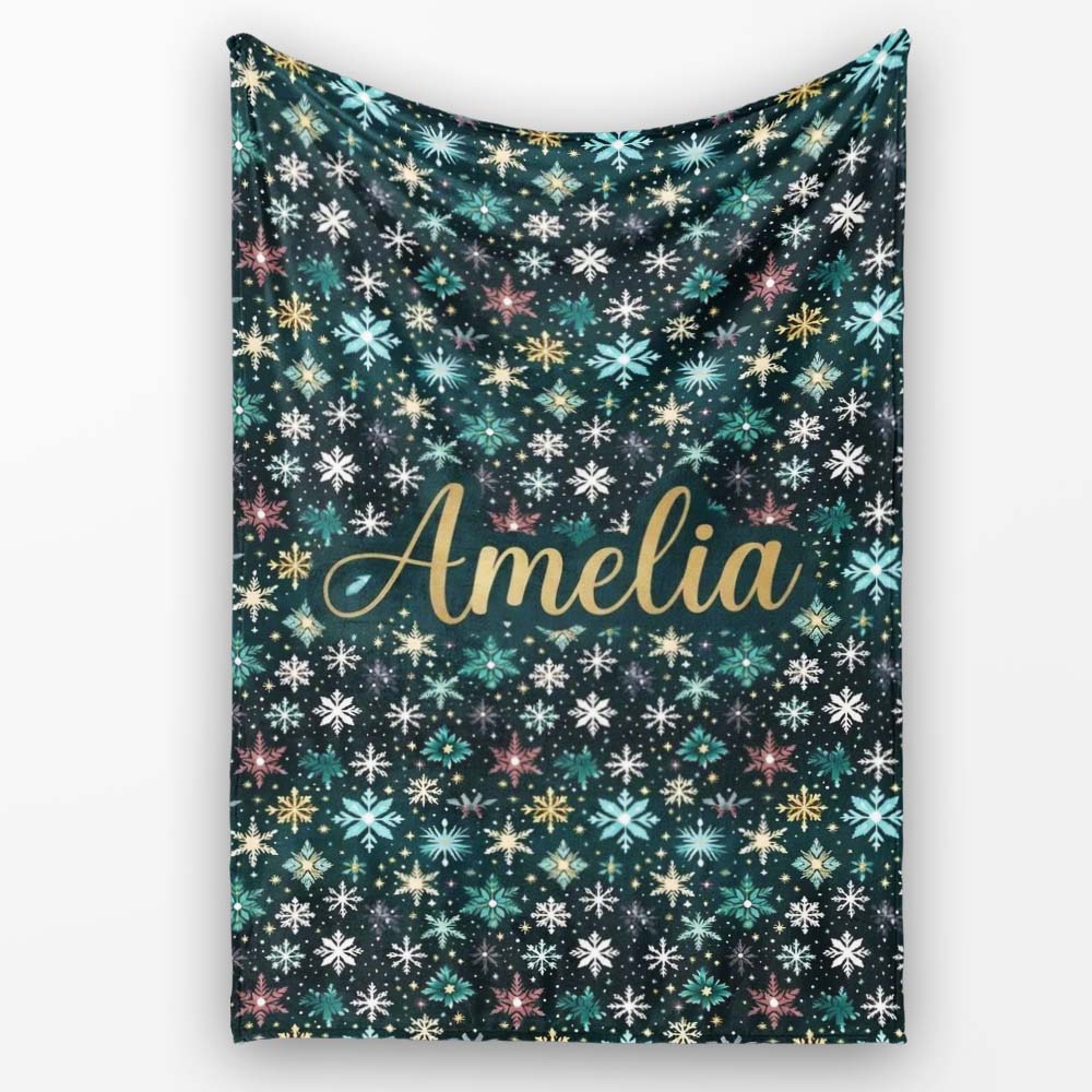 Teal Gold Snowflake Star Seamless Pattern Elegant Winter Night Personalised Custom Name Super Soft Fleece Blanket Bed Sofa Throw