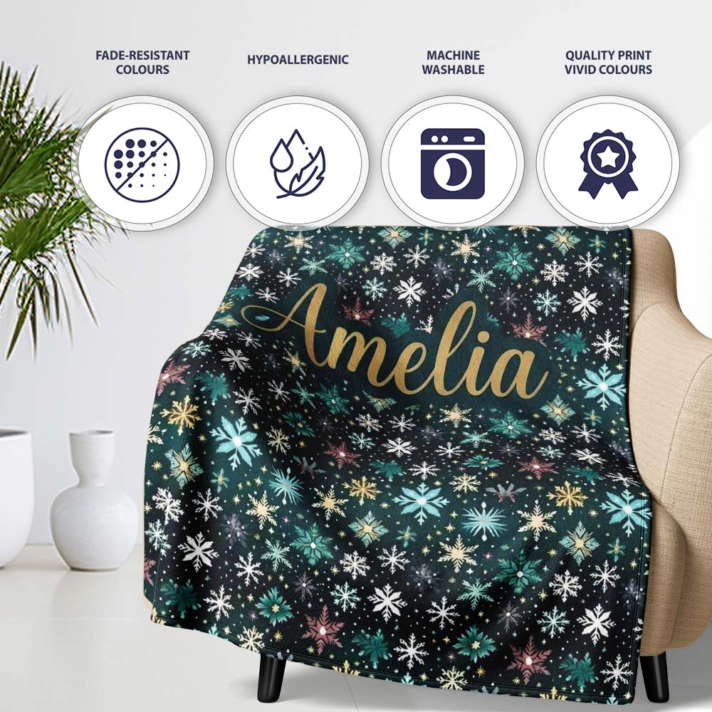 Teal Gold Snowflake Star Seamless Pattern Elegant Winter Night Personalised Custom Name Super Soft Fleece Blanket Bed Sofa Throw