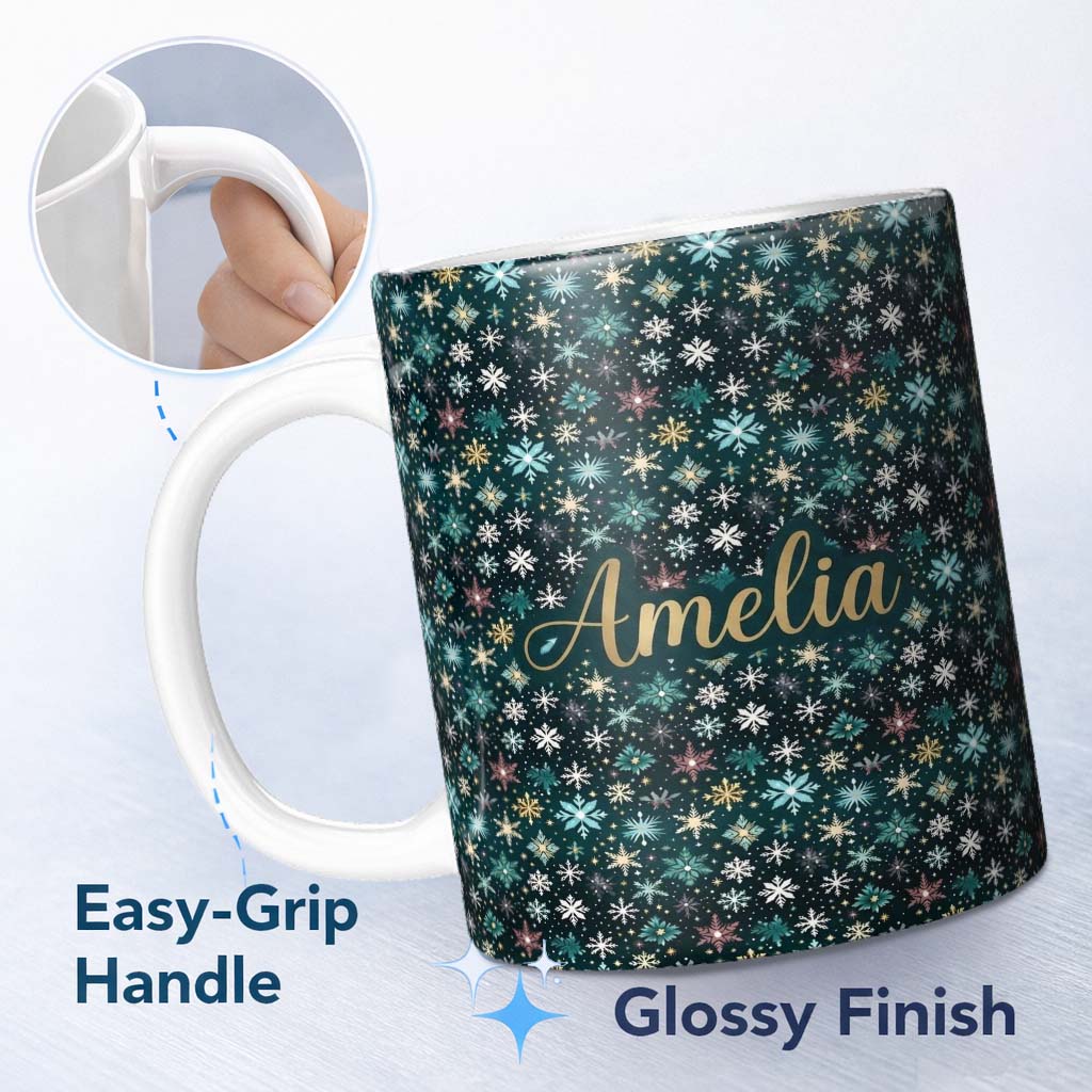 Personalized Custom Name Teal Gold Snowflake Star Seamless Pattern Elegant Winter Night 11oz Ceramic Coffee Tea Mug White Large Handle