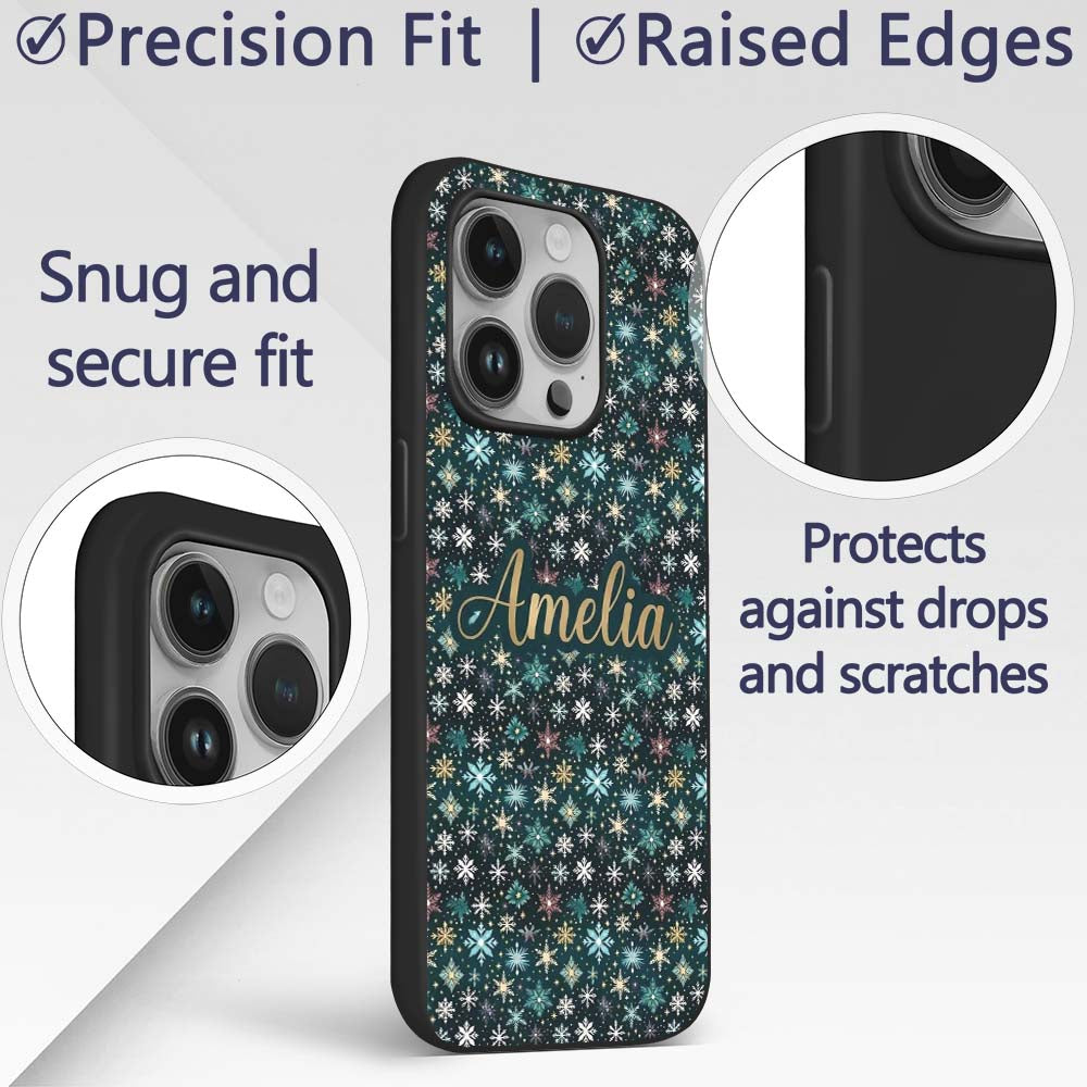 Teal Gold Snowflake Star Seamless Pattern Elegant Custom Name Protective Phone Case Mobile Cover Durable Everyday Smartphone Shock Resistant