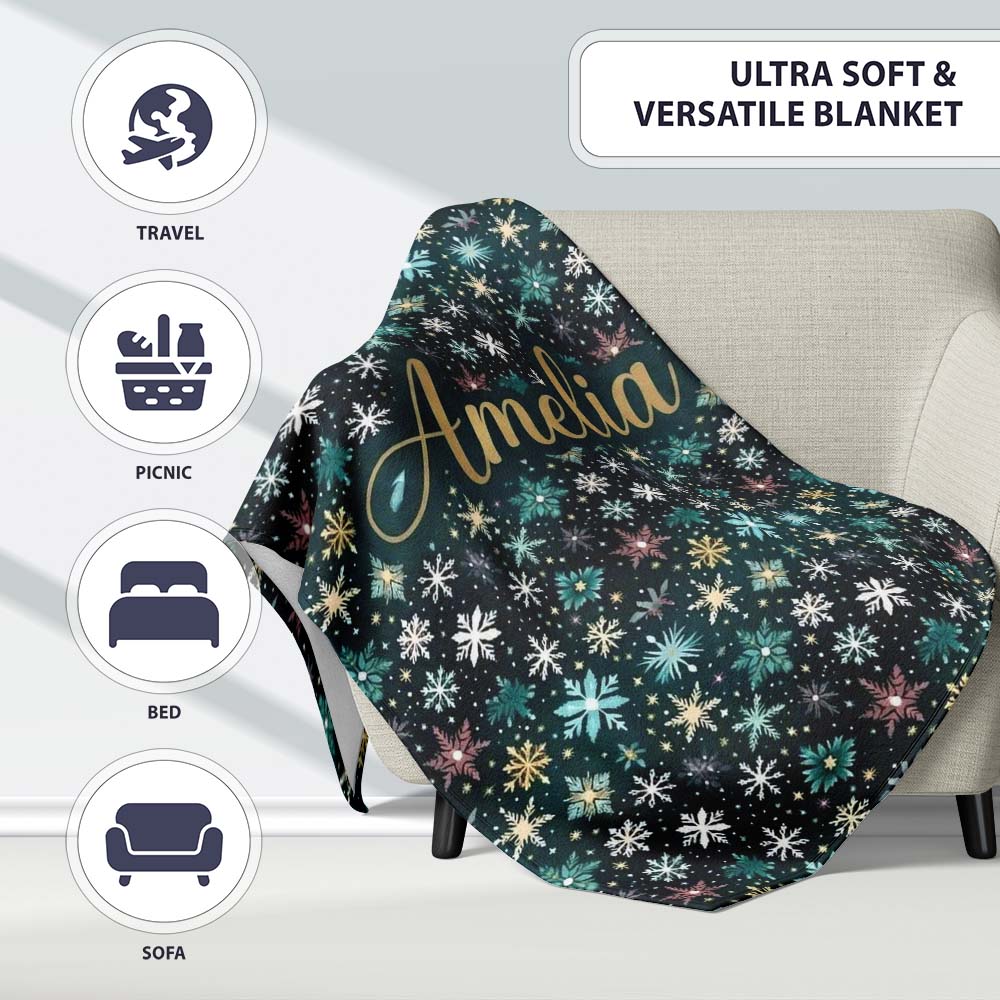 Teal Gold Snowflake Star Seamless Pattern Elegant Winter Night Personalised Custom Name Super Soft Fleece Blanket Bed Sofa Throw