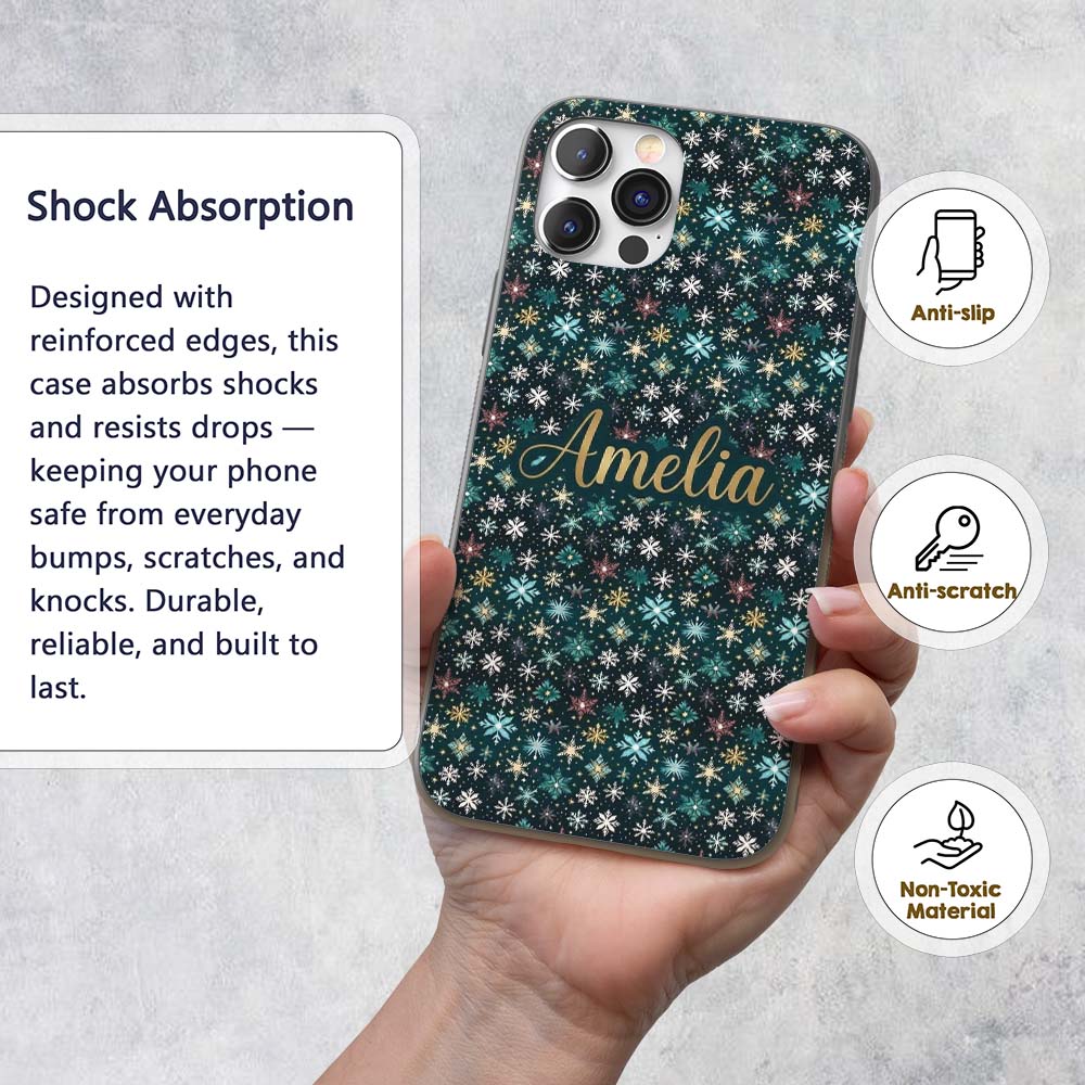 Teal Gold Snowflake Star Seamless Pattern Elegant Custom Name Protective Phone Case Mobile Cover Durable Everyday Smartphone Shock Resistant