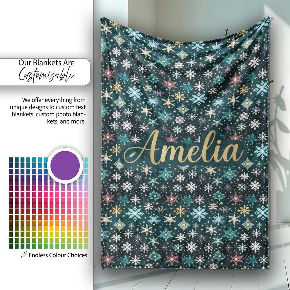 Teal Gold Snowflake Star Seamless Pattern Elegant Winter Night Personalised Custom Name Super Soft Fleece Blanket Bed Sofa Throw