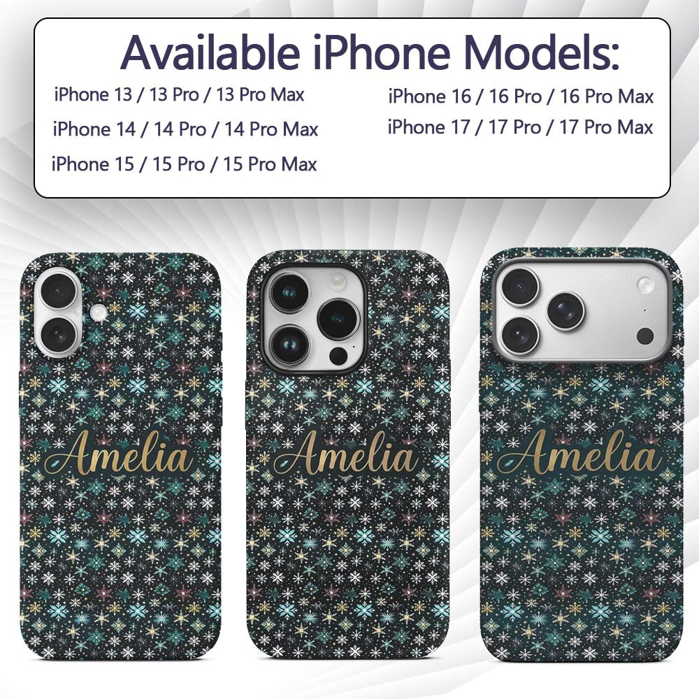 Teal Gold Snowflake Star Seamless Pattern Elegant Custom Name Protective Phone Case Mobile Cover Durable Everyday Smartphone Shock Resistant