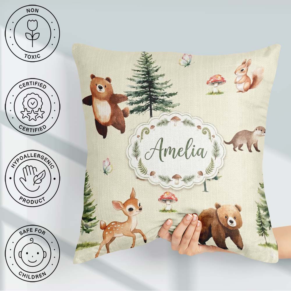Custom Name Cute Woodland Forest Animals Bear Bunny Deer on Grey Square Filled Cushion Throw Pillow Sofa Bed Home Decor Zip Washable UK Made