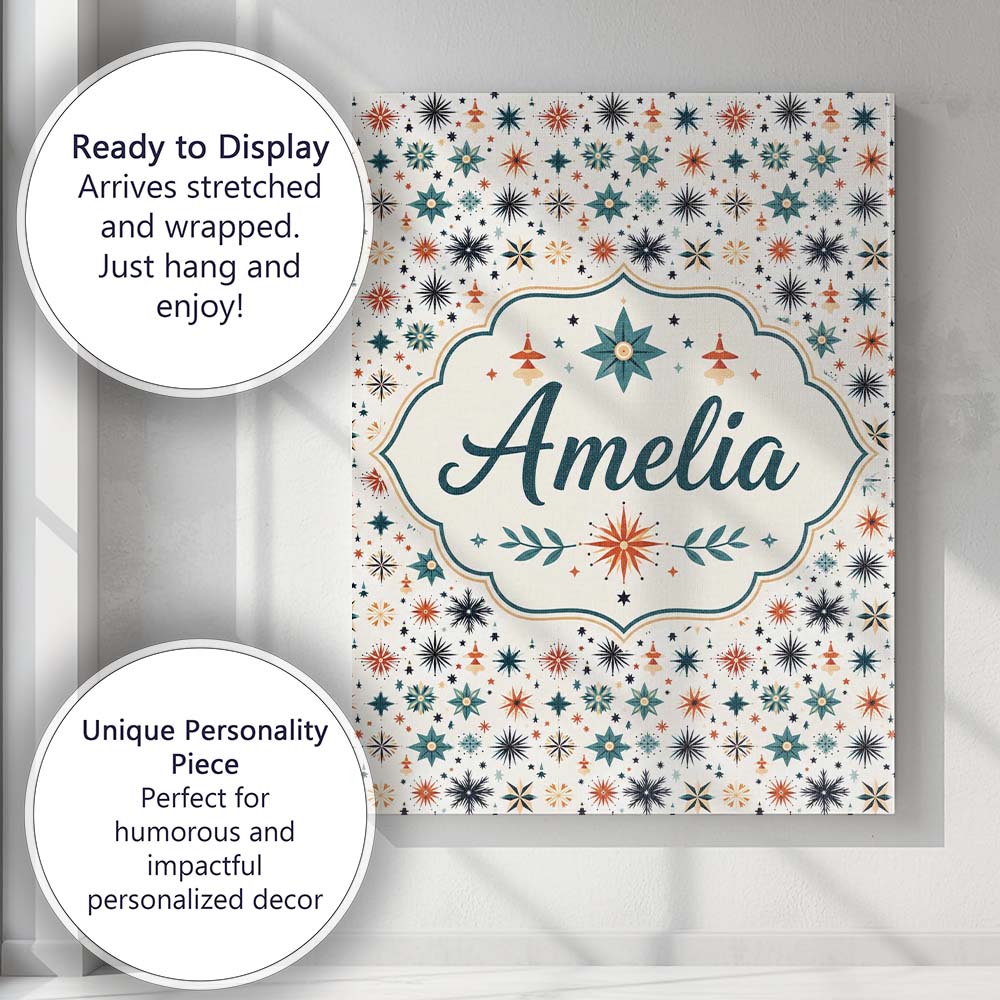 Personalised Name Retro Mid Century Starburst Custom Unique Gift Idea Modern Room Accent Canvas Wall Art Print Decor Picture Ready to Hang