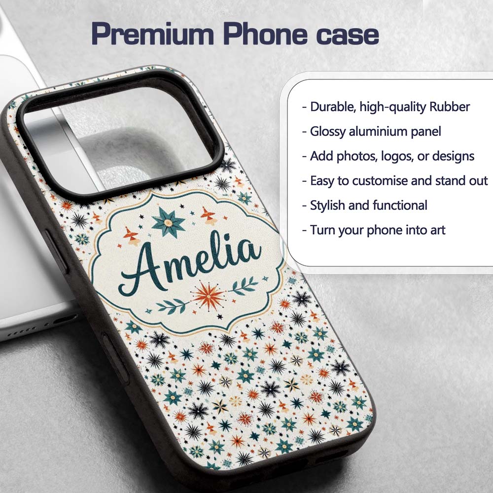 Retro Mid Century Starburst Seamless Pattern Custom Name Protective Phone Case Mobile Cover Durable Everyday Smartphone Shock Resistant