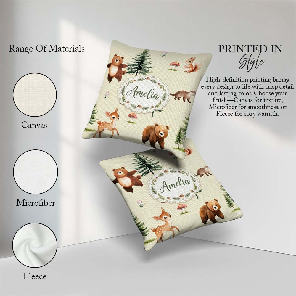 Custom Name Cute Woodland Forest Animals Bear Bunny Deer on Grey Square Filled Cushion Throw Pillow Sofa Bed Home Decor Zip Washable UK Made