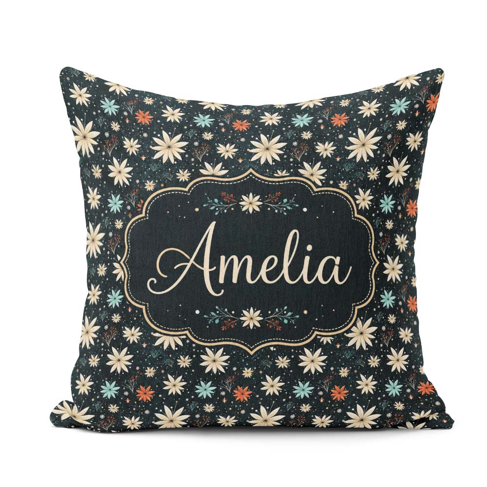 Custom Name Dark Floral Starburst Seamless Pattern Elegant Night Square Filled Cushion Throw Pillow Sofa Bed Home Decor Zip Washable UK Made